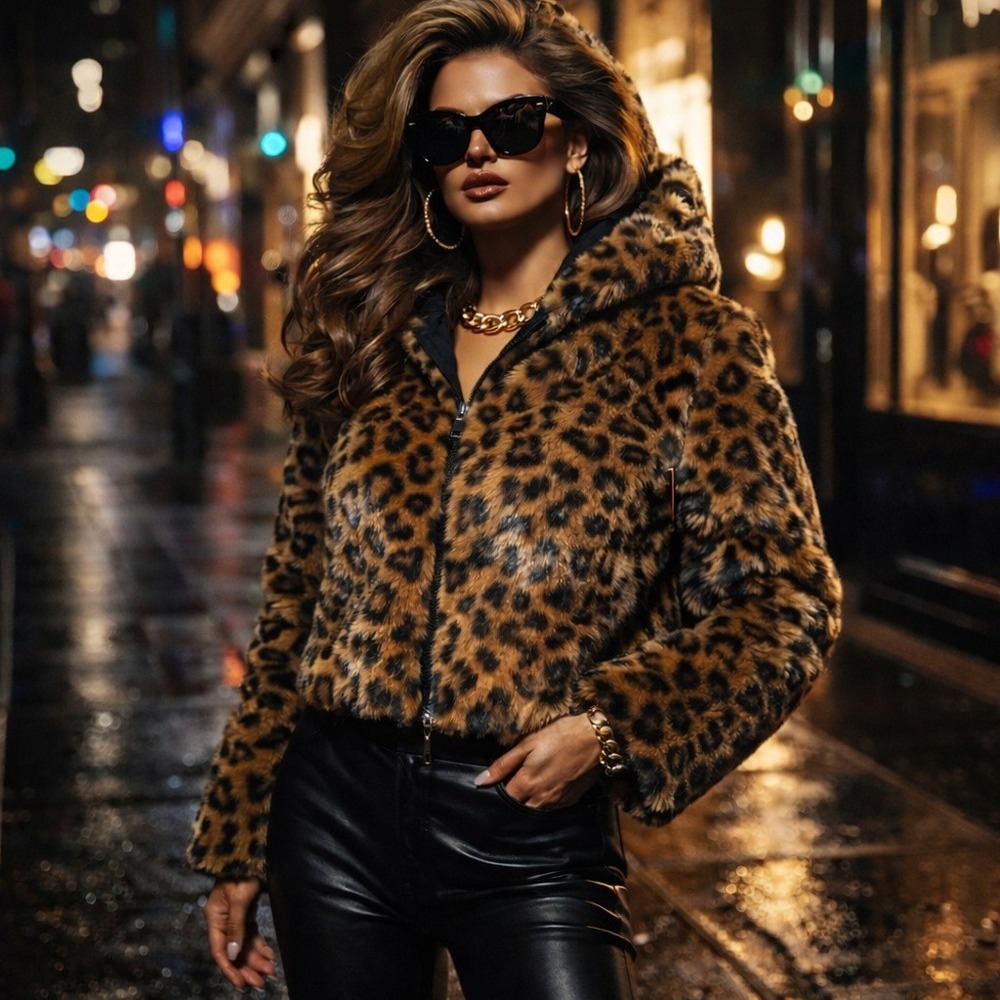 NWT GUESS Leopard Faux Fur Hooded Zip Jacket Y2K Animal Print Cozy Glam Street